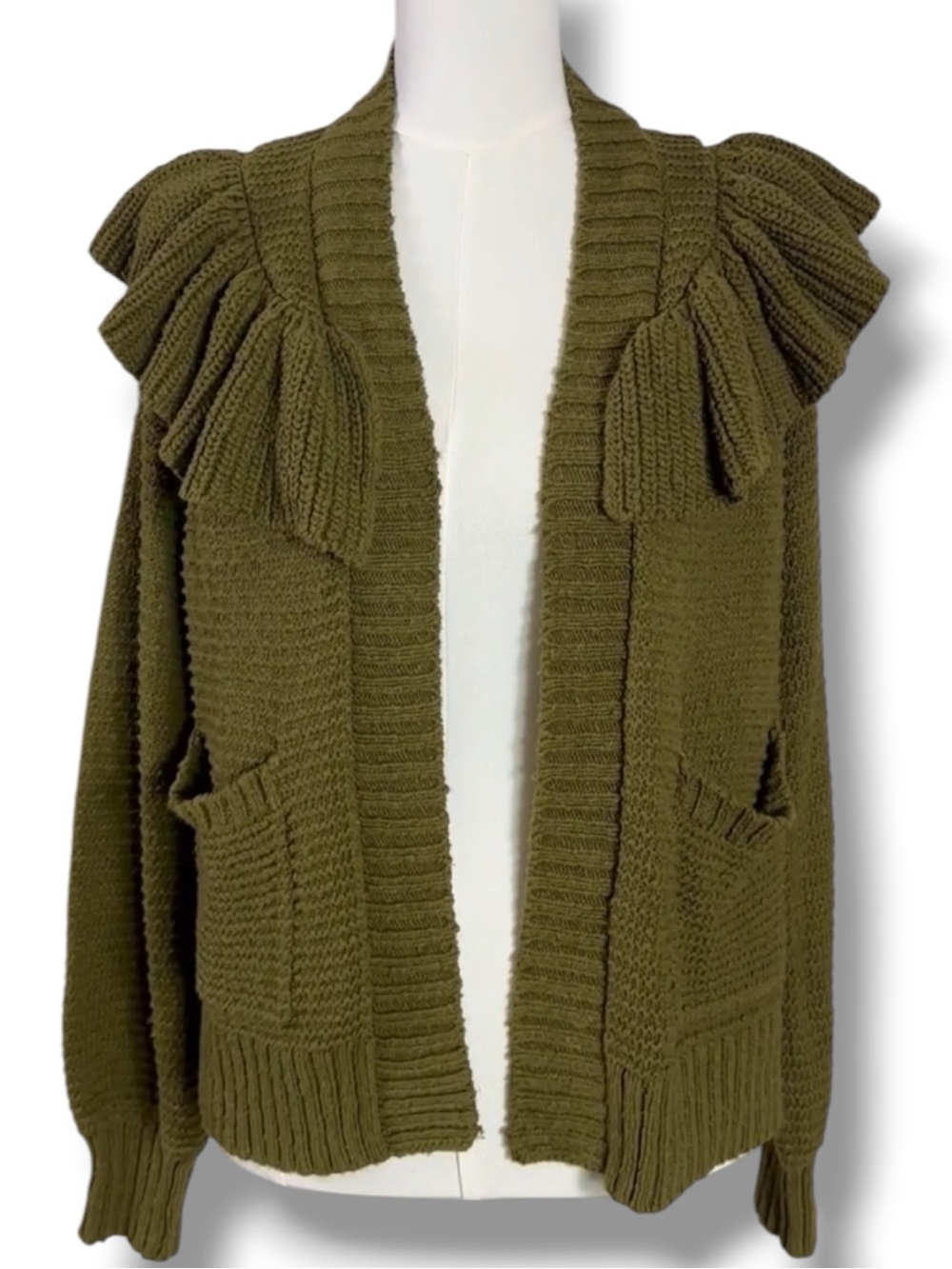 Madewell Ruffle Cardigan Sweater in Golden Spinach Size Small Western Bohemian